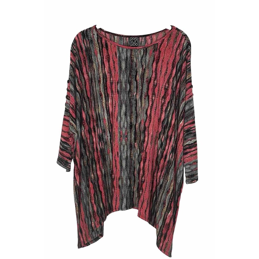 CLARA SUN WOO Boxy Pullover Tunic Top 3/4 Sleeve Stretch Pink Gray Medium